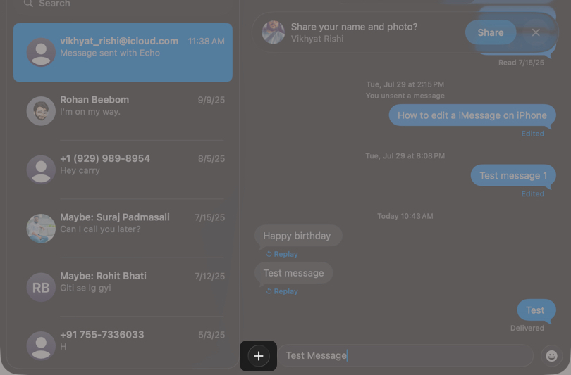 Type a message in the Messages app on your Mac and click the + button.