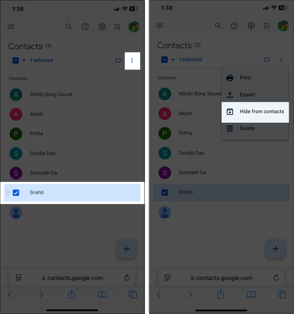 Hiding contact from Goggle Contacts on iPhone