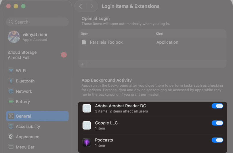in Open at Login section under the Allow in the Background section turn off apps that do not require.