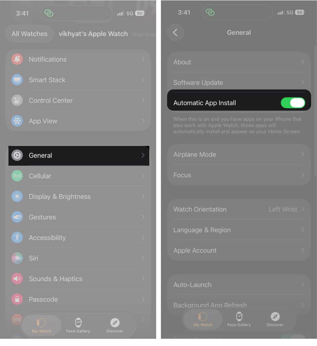 Open the Watch App, Tap General, and Toggle Automatic App Install to On