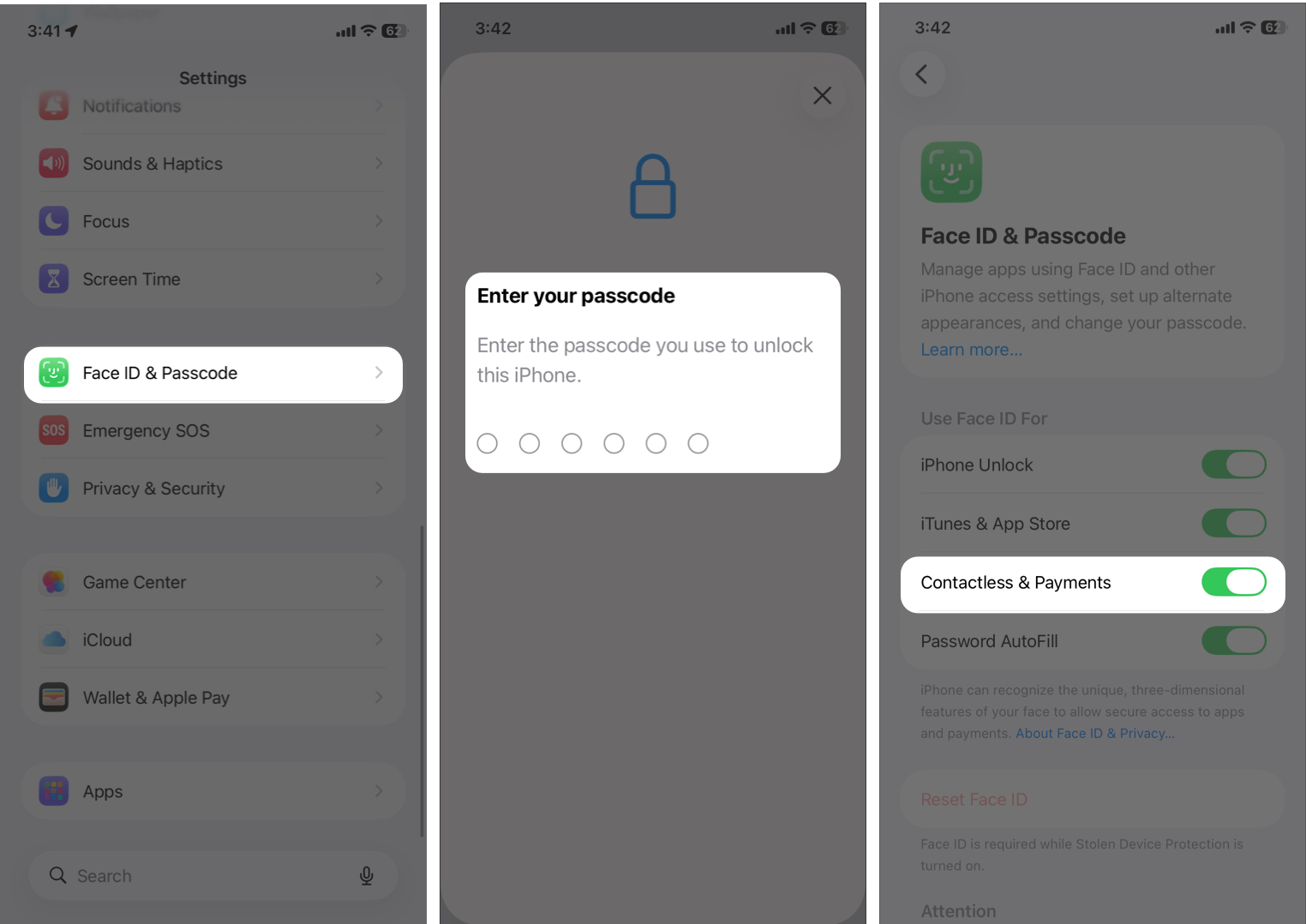 Enabling Contactless & Payments toggle in Face ID and Passcode settings