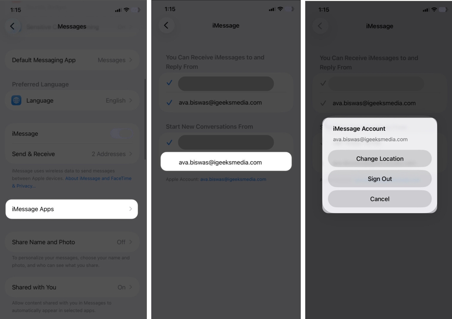 Go to Messages, Then Send & Receive, Tap Your Apple Account, and select Sign Out