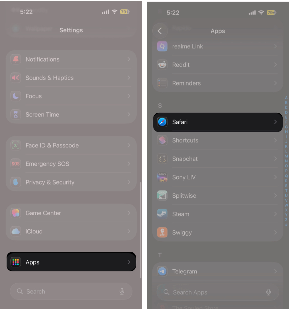 Go to Settings And Apps Then Tap On Safari.