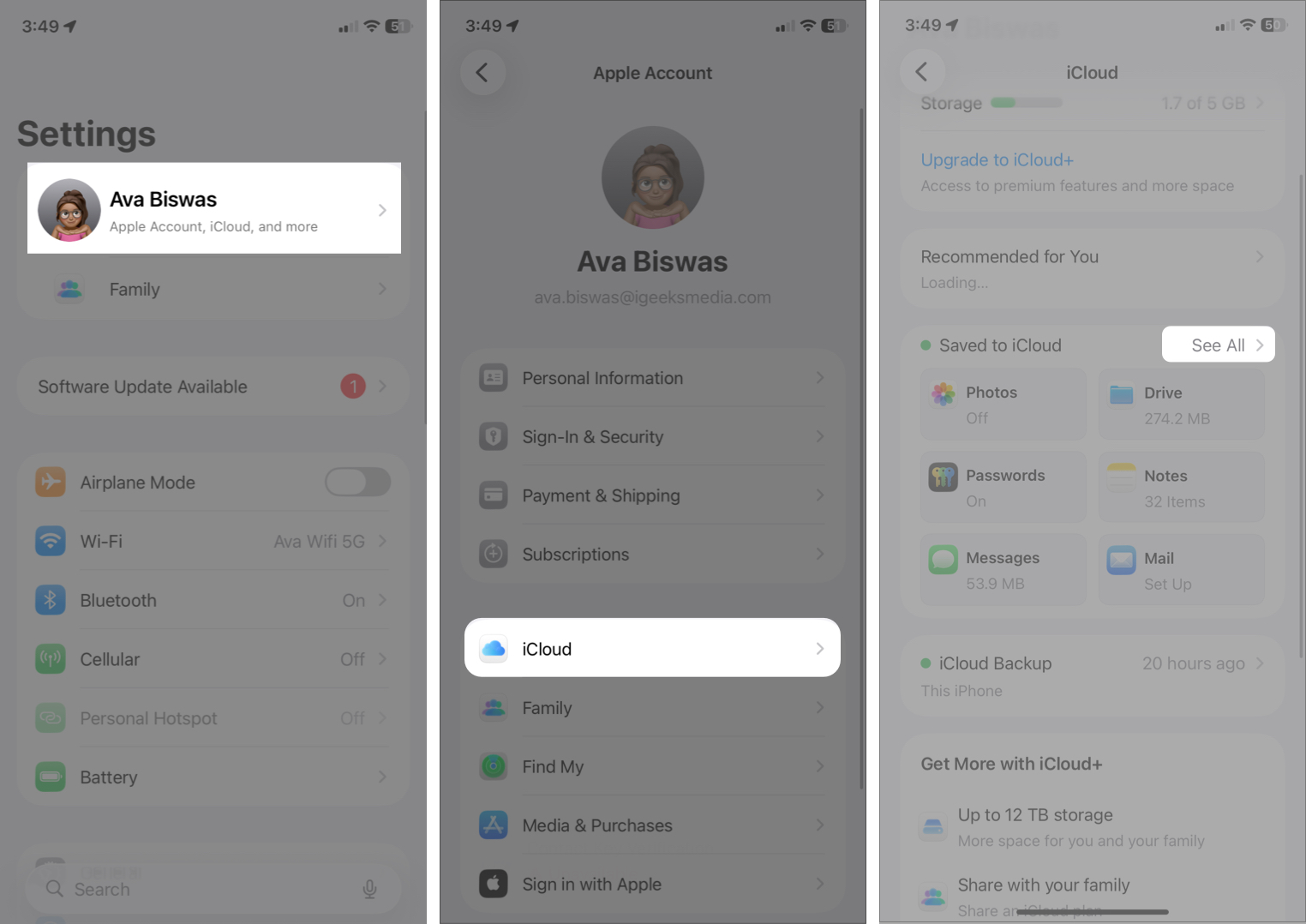 Go to Settings Open Apple ID Tap on Icloud
