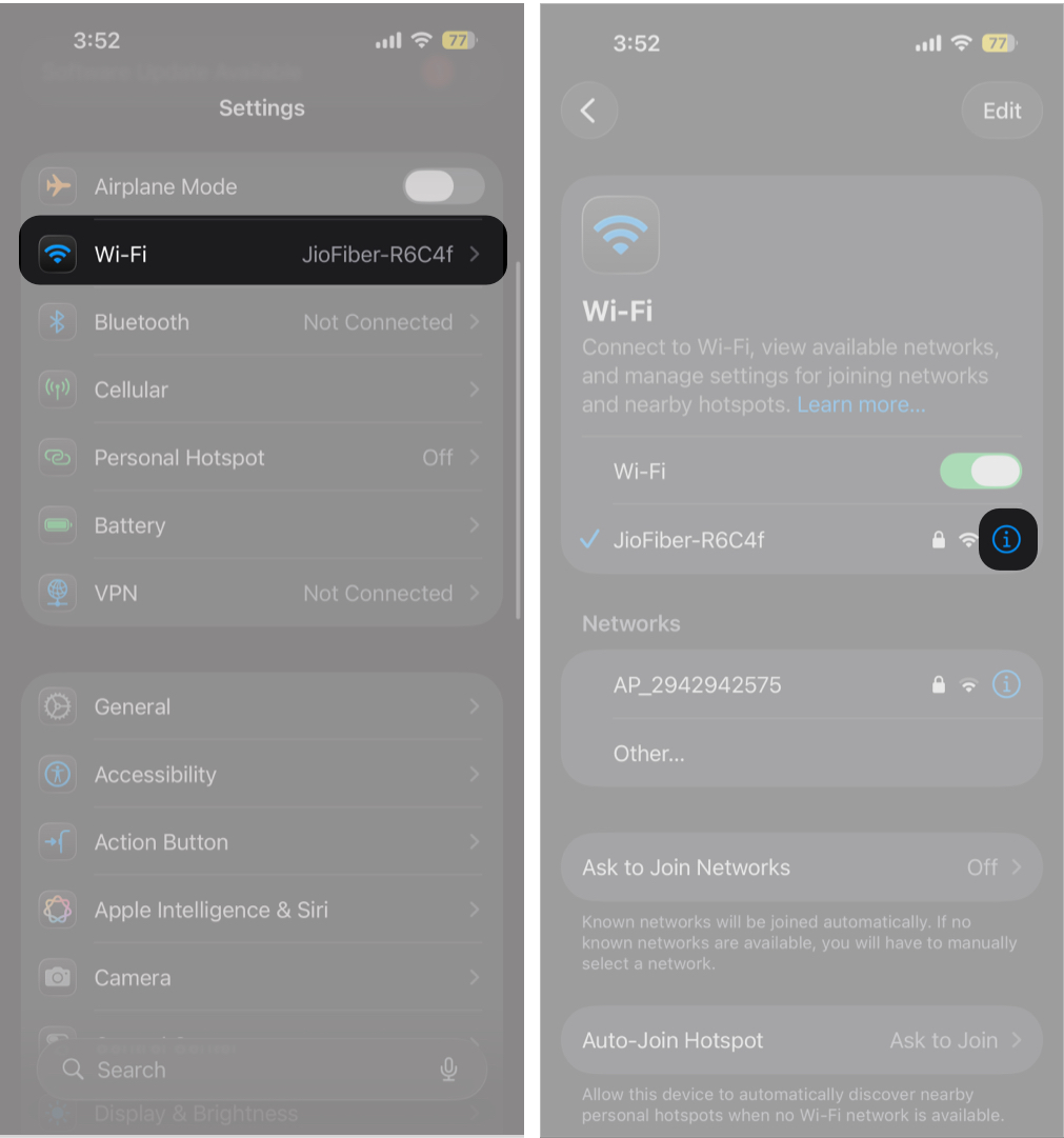 Open Settings, Select Wi-Fi, and Tap the i Button.