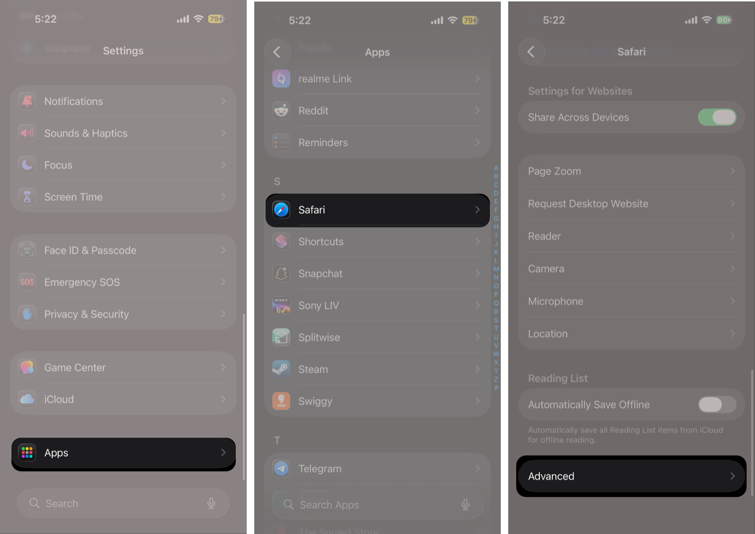 Open Settings, Tap Apps, Select Safari, Then Tap Advanced