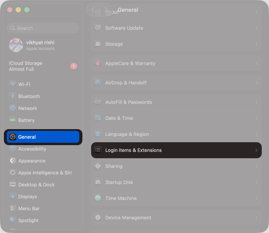 How to Fix Safari Not Working on Mac Open Settings Tap on General and Login Items & Extensions