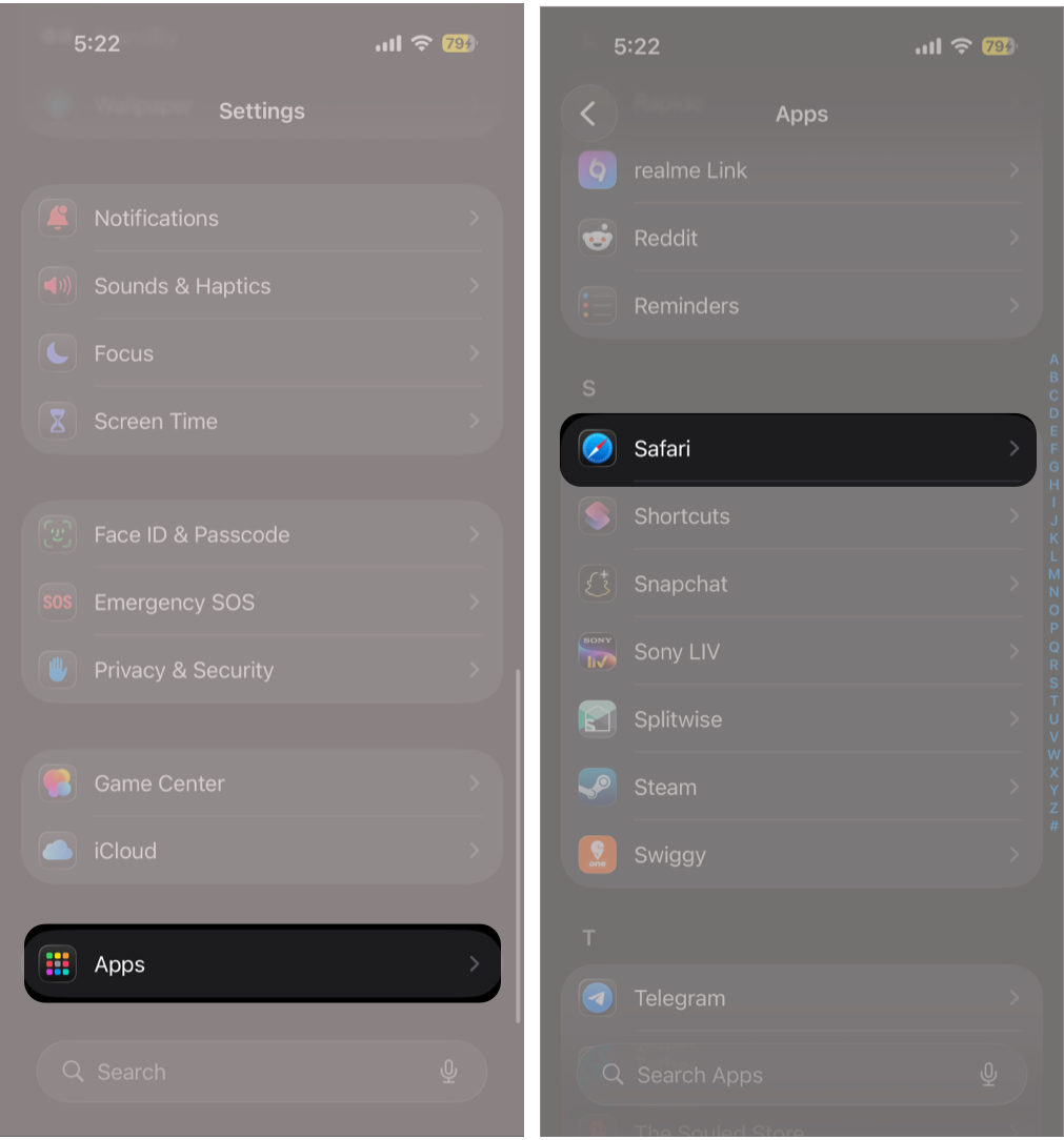Open Settings, Then Apps, and Select Safari.