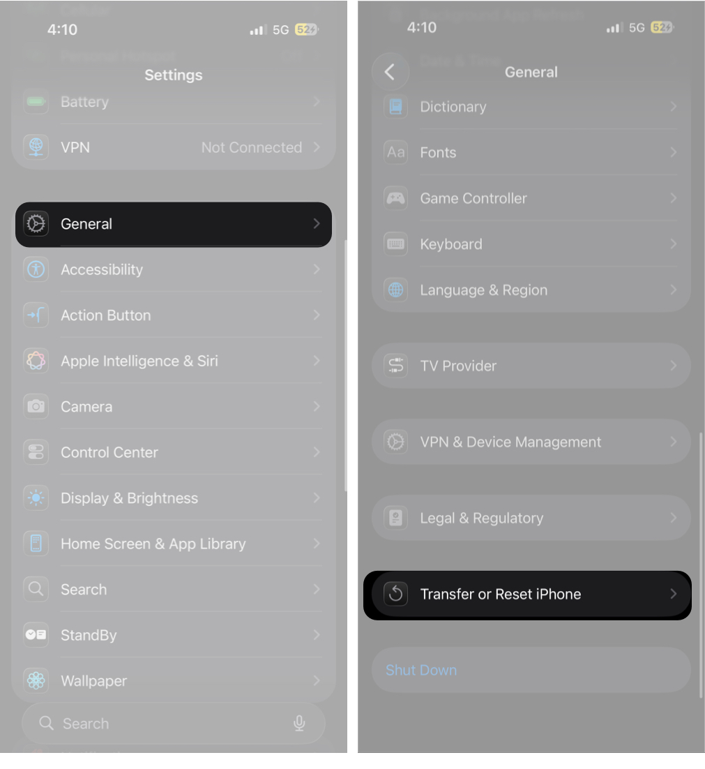 Open Settings Then General and Tap on Transfer or Reset iPhone.