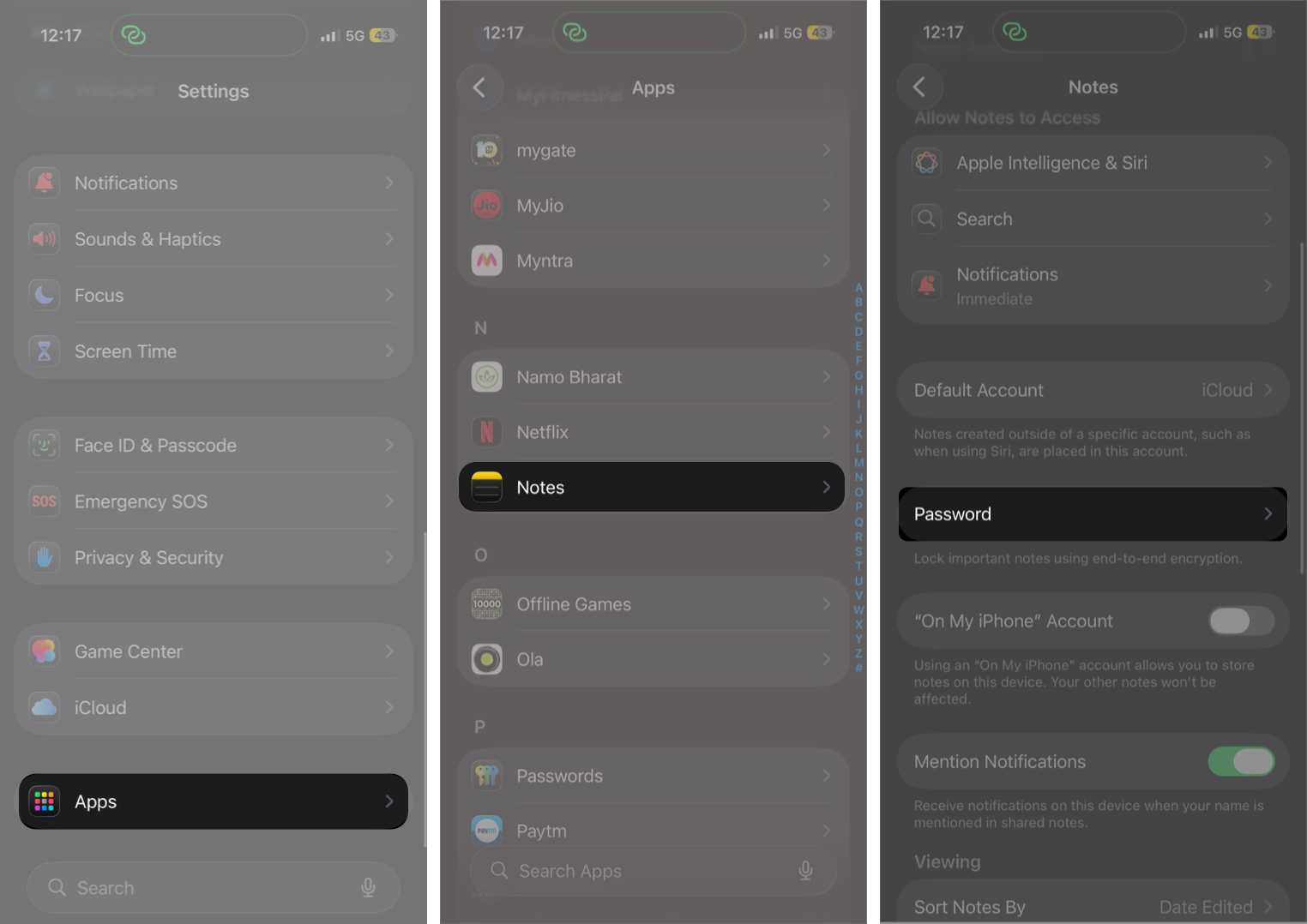 Open Settings and Click on Apps Then Click Notes And Tap Password.