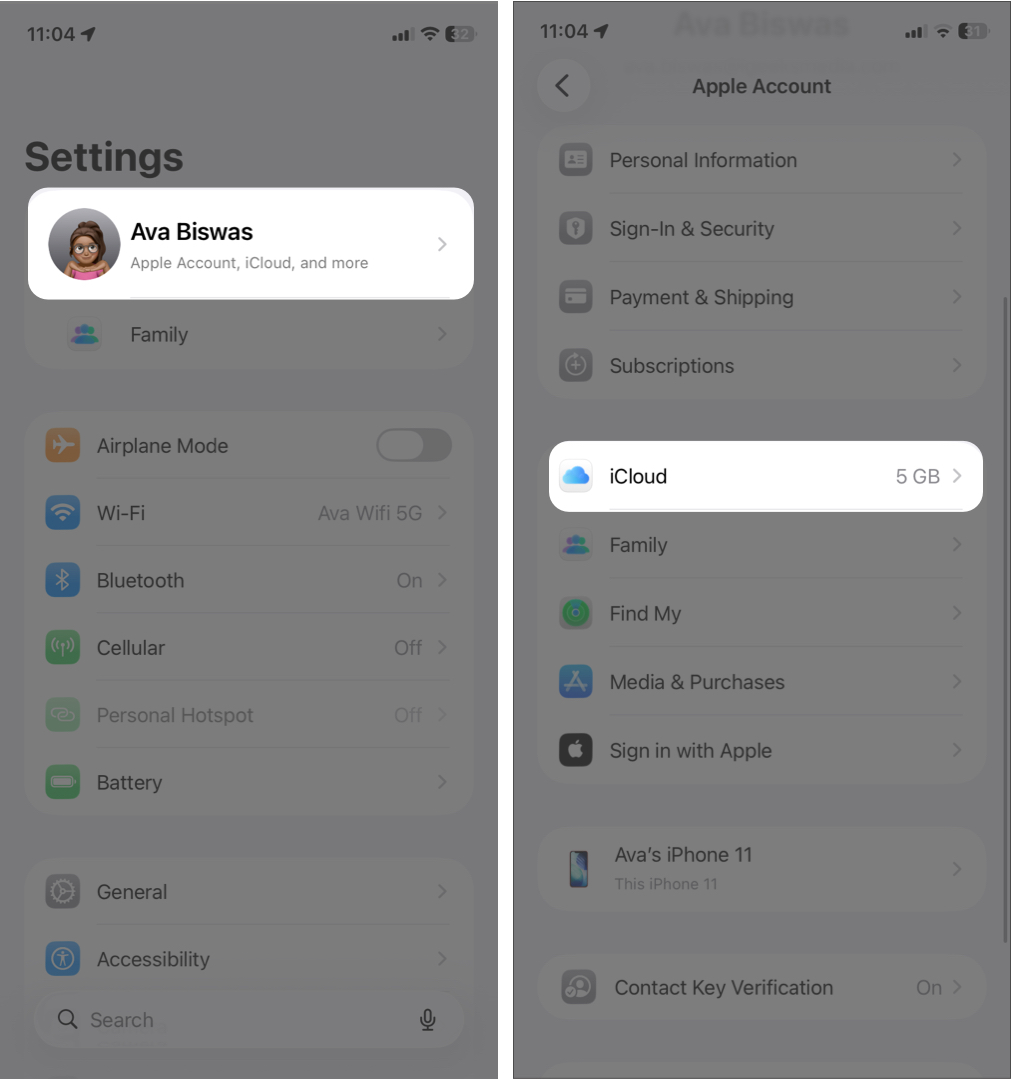 Open Settings and Tap Your Apple ID And Select Icloud