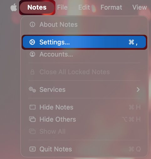 Open the Notes App Click Settings in the Menu