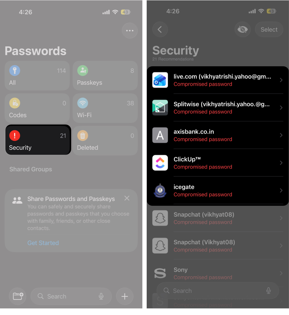 Open the&nbsp;Passwords&nbsp;App and Tap on &nbsp;Security