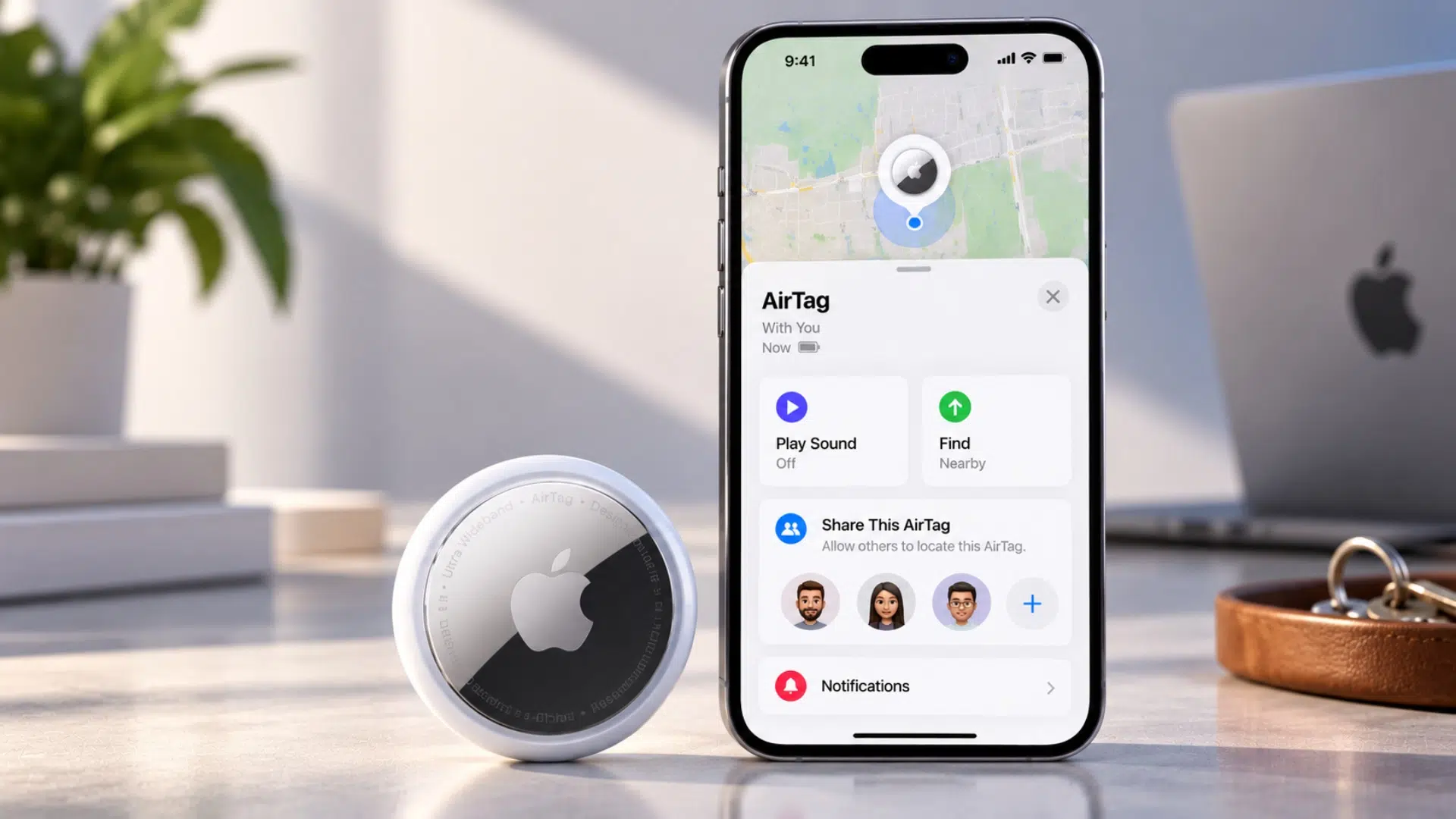 iPhone screen showing AirTag map and controls with a circular AirTag device in the foreground on a desk