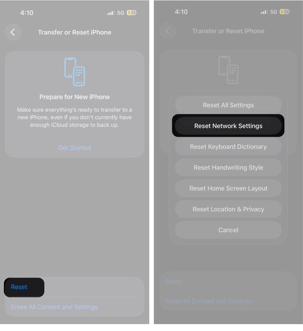 Tap Reset Network Settings