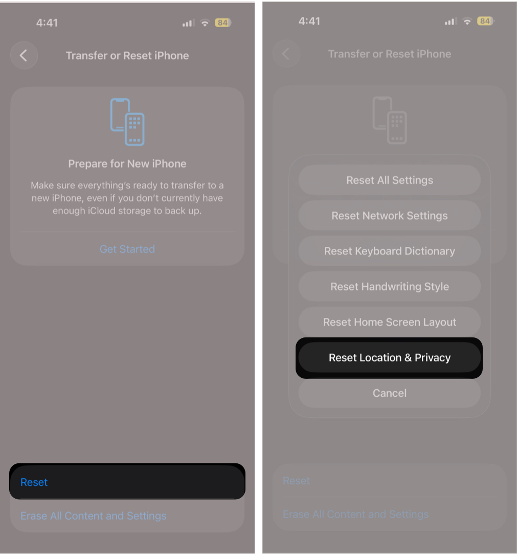 Tap Reset, then select Reset Location & Privacy
