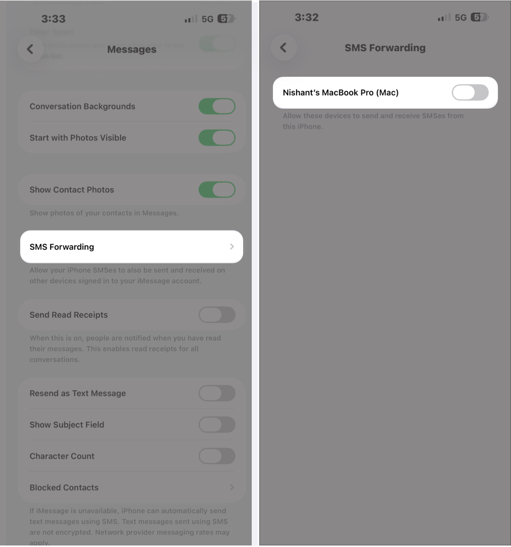 Tap SMS Forwarding And Toggle on iPad And Mac.