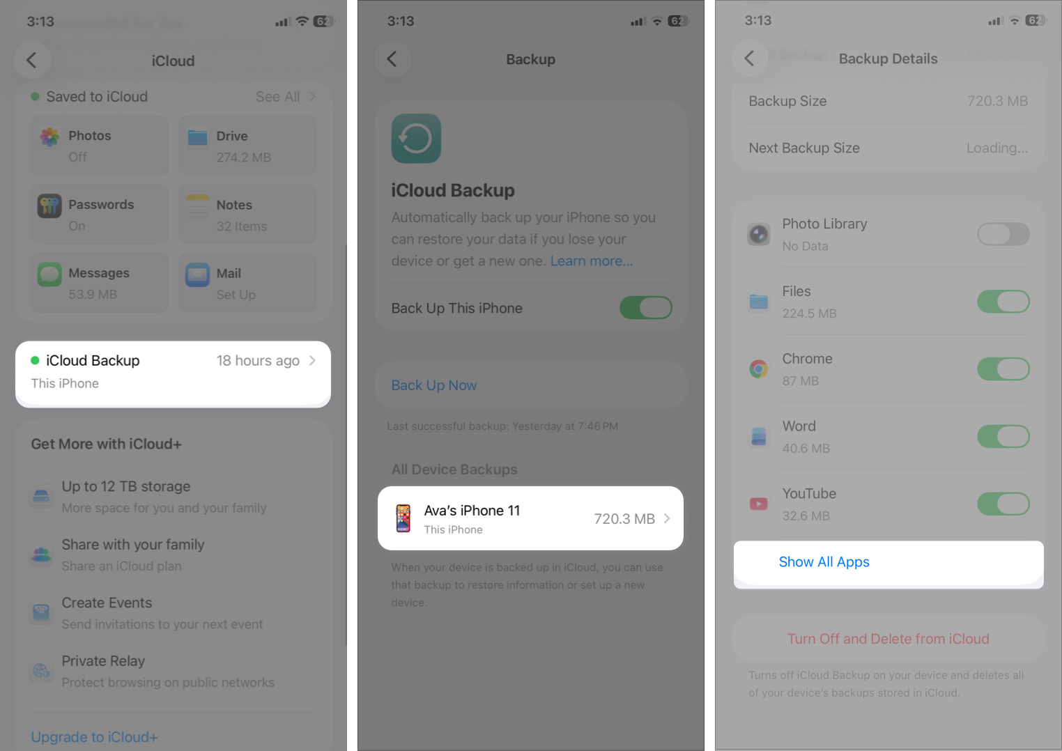 Tap iCloud Backup and select your device