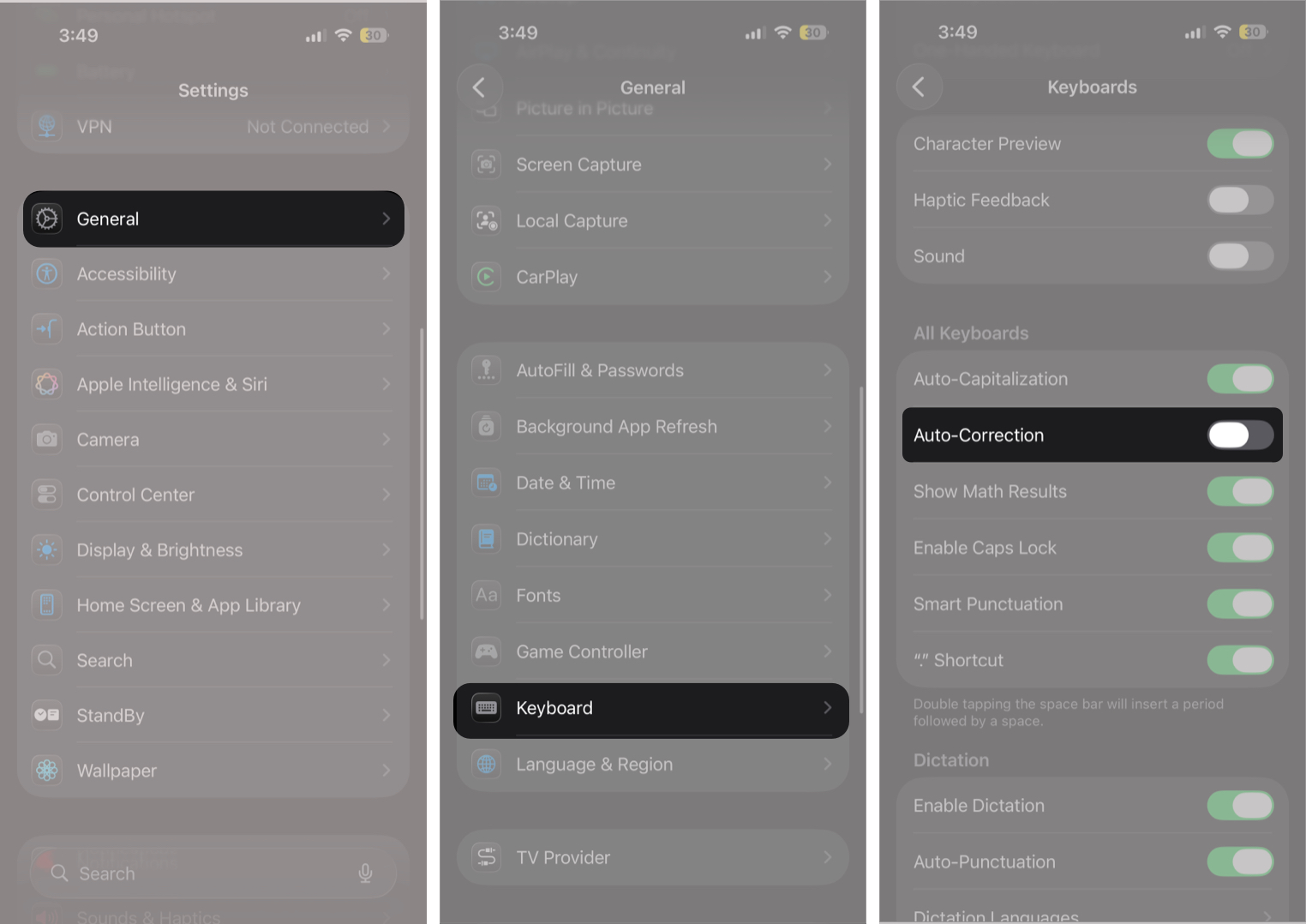 Turn Off Auto-Correction Via Use Settings