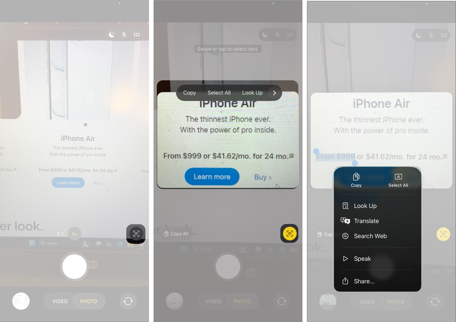 Using the Live Text Icon in the Camera App to Highlight and Copy Text From a Document