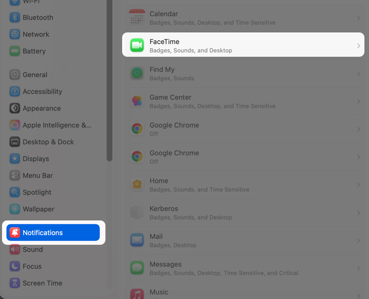 Accessing FaceTime notification settings on a Mac