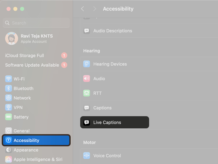 Accessing Live Captions on a Mac.