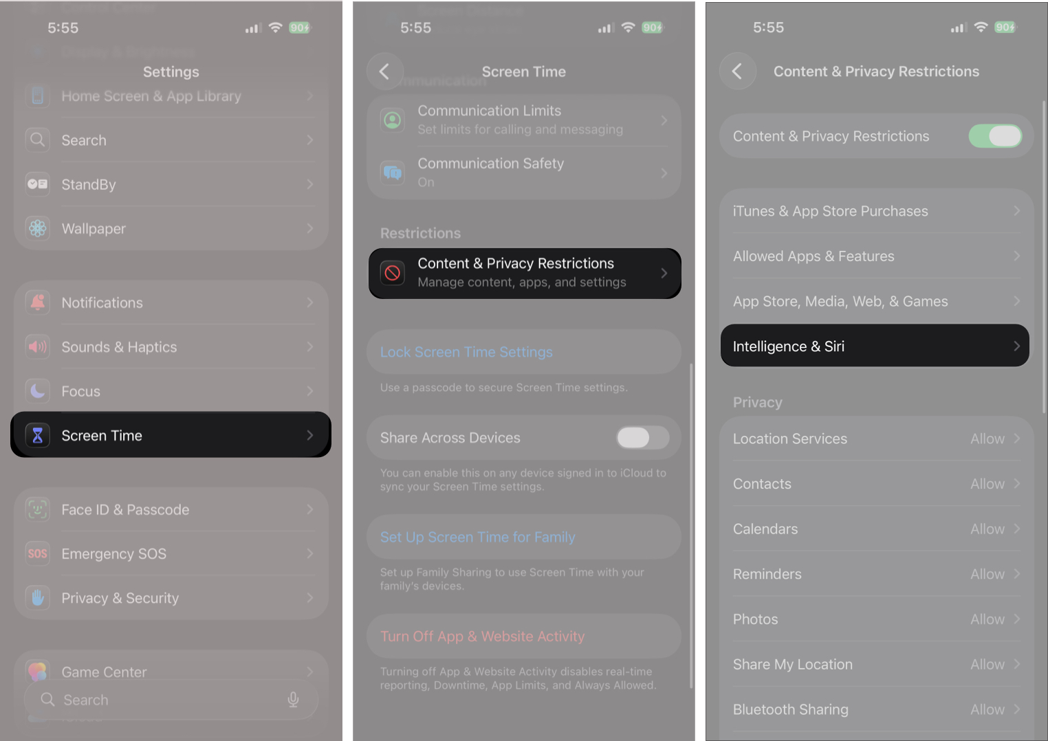 Accessing the Content & Privacy Restrictions menu on an iPhone.