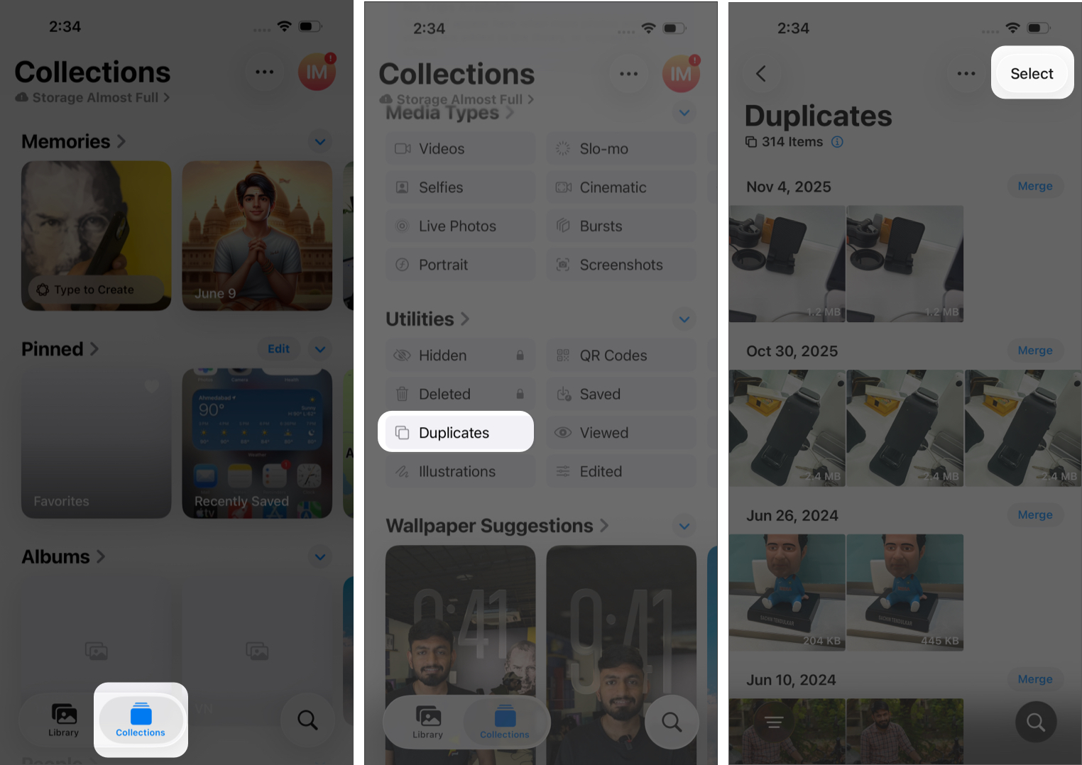 Accessing the Duplicates Utility in the iPhone Photos App.