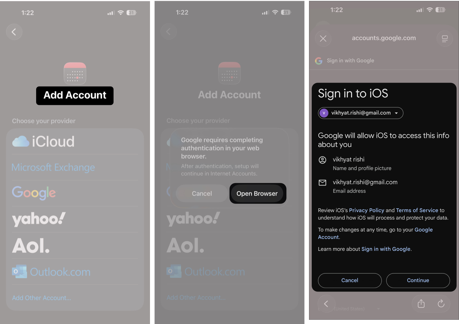 Adding a Google account to iPhone Calendar.