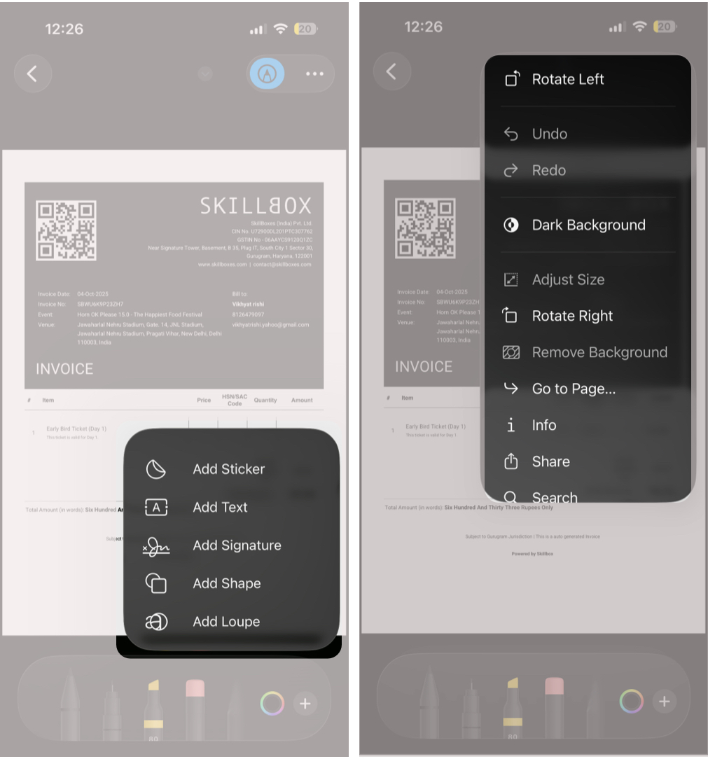 Adding elements and undoing changes in an iPhone PDF.