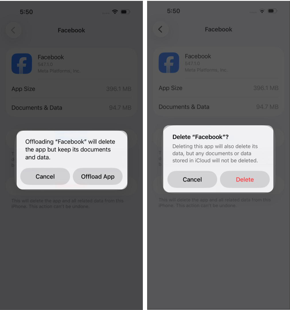 Comparing Offload and Delete options for iPhone apps.