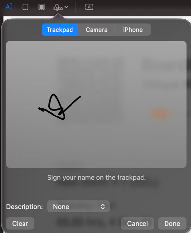 Creating a Digital Signature on a Mac Using the Trackpad, Camera, or a Connected iPhone