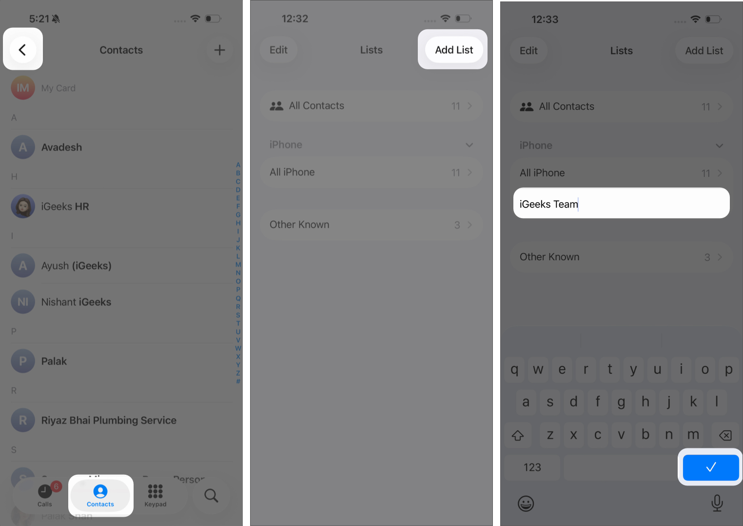 Creating a New Contact List on an iPhone.