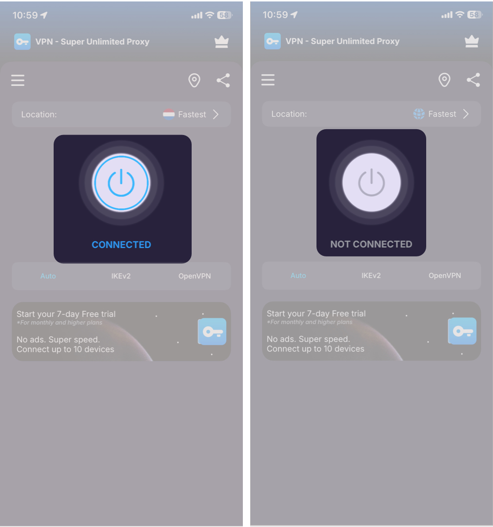 Disconnecting via the VPN app to restore cellular data.