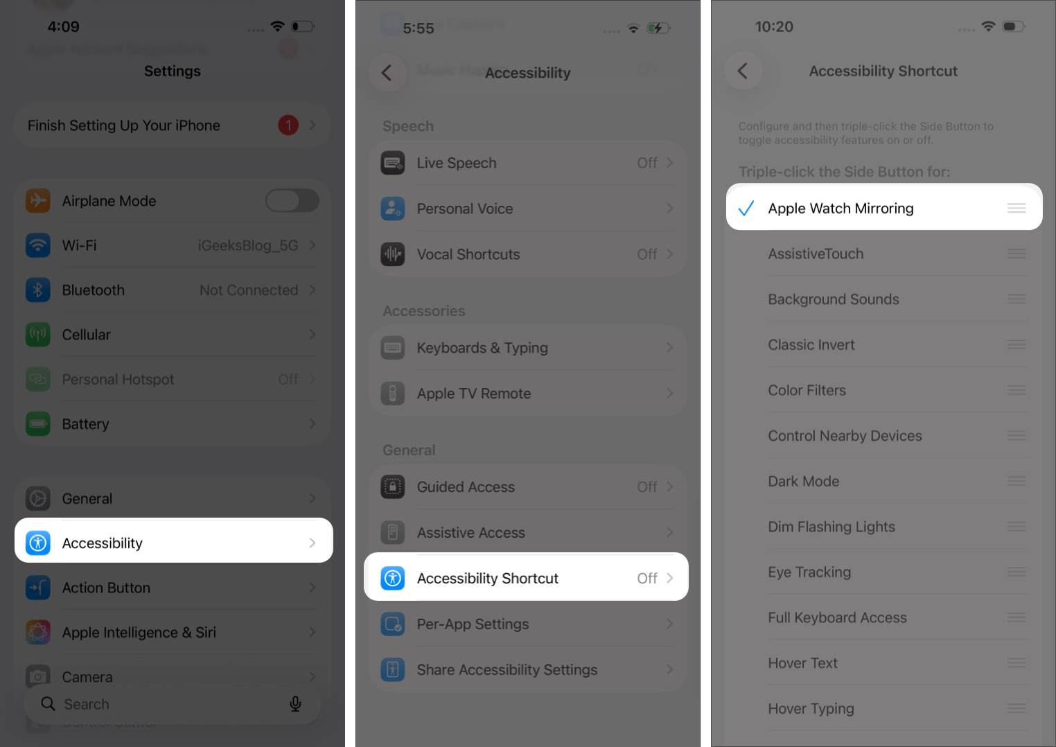 Enable Apple Watch Mirroring Shortcut