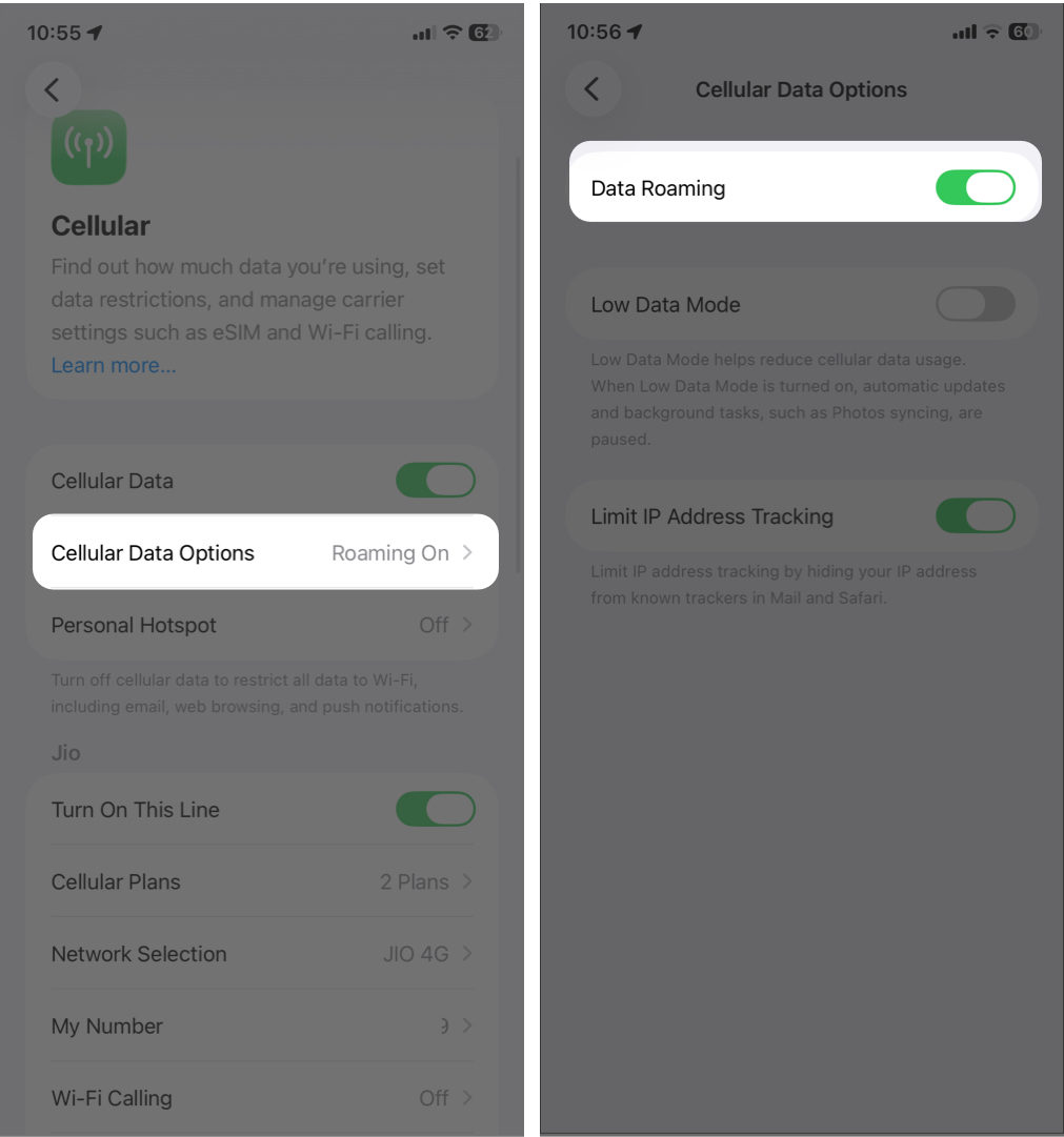 Enabling Data Roaming in iPhone Settings.