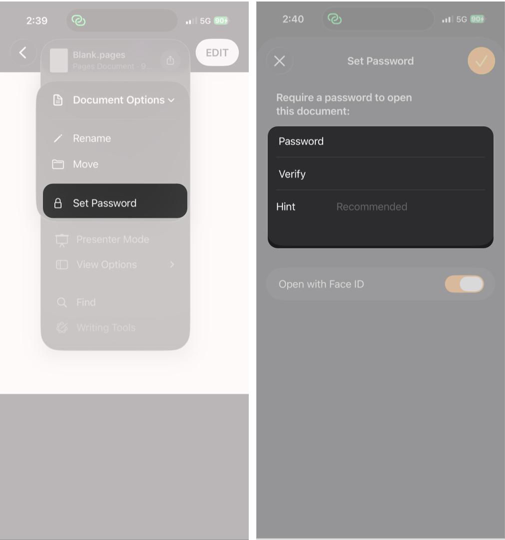 Enabling Face ID for document access on iPhone.