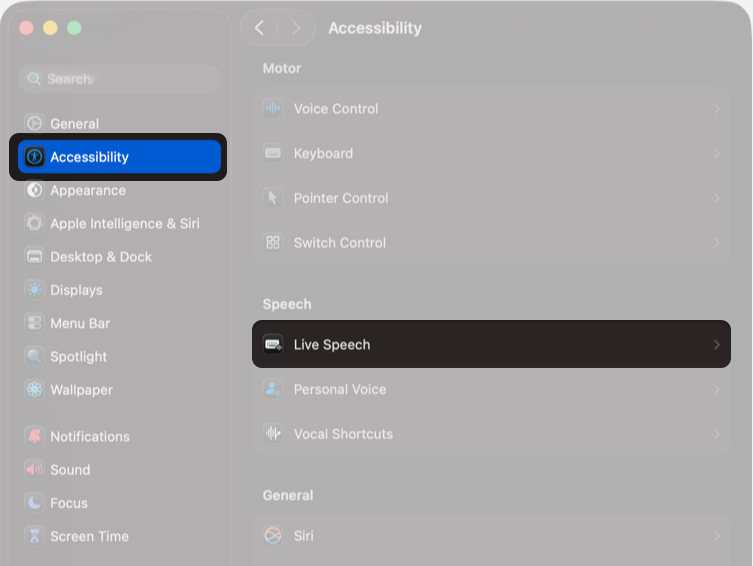 Enabling Live Speech in Mac Accessibility settings.