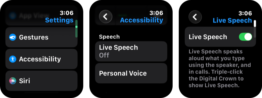Enabling Live Speech in iPhone Accessibility settings.