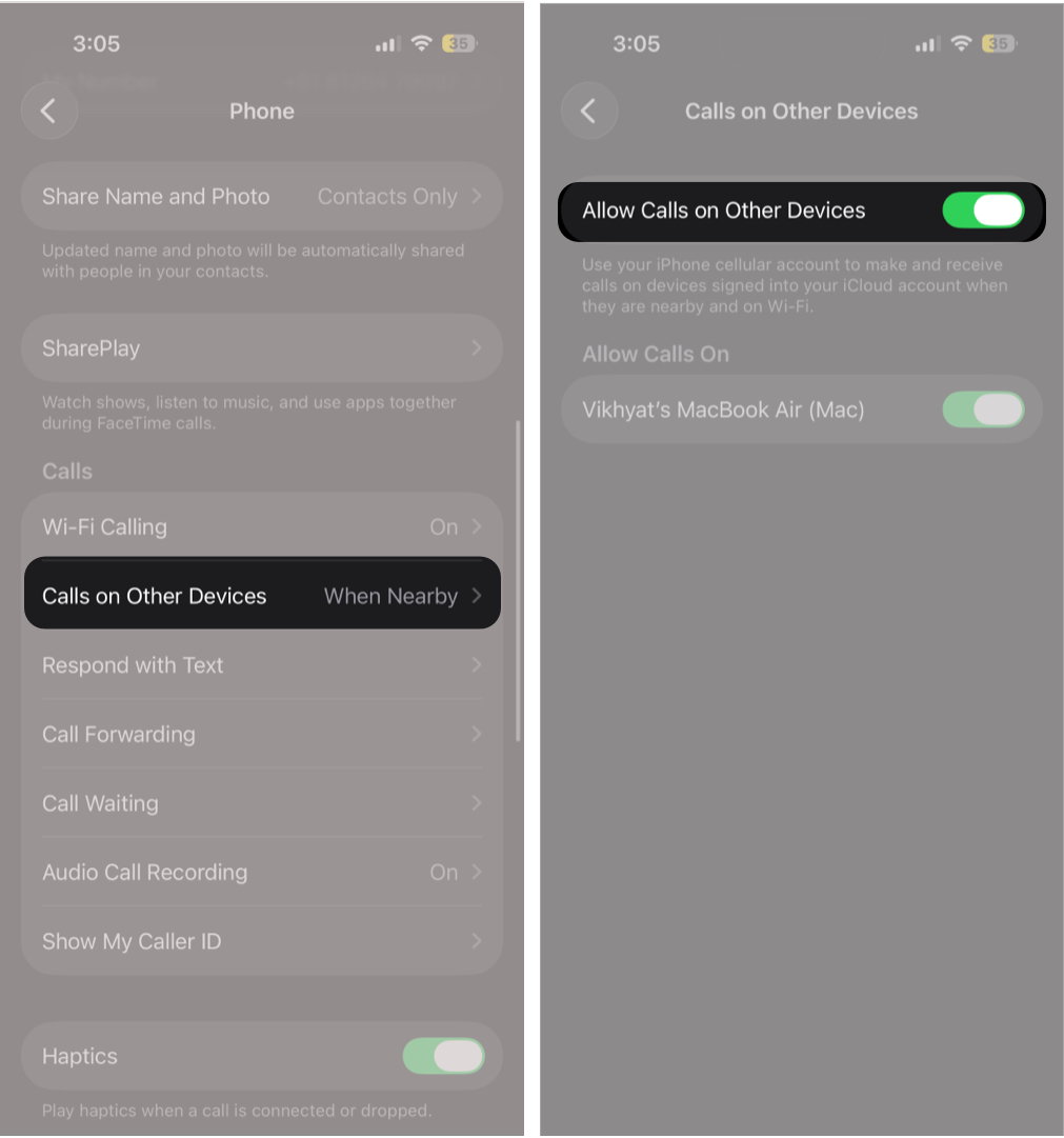 Enabling cross-device calling in iPhone settings.