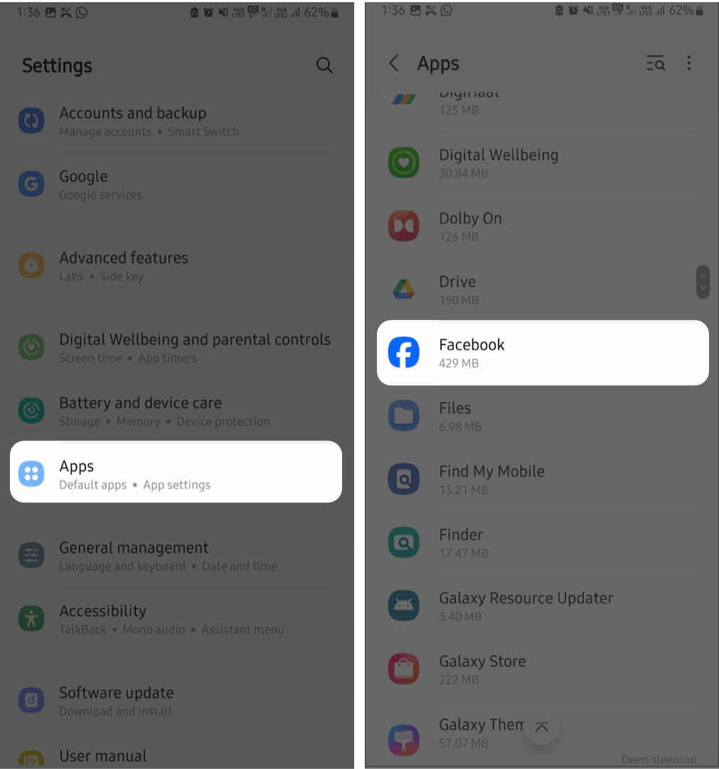 Finding the Facebook App in Android Settings.
