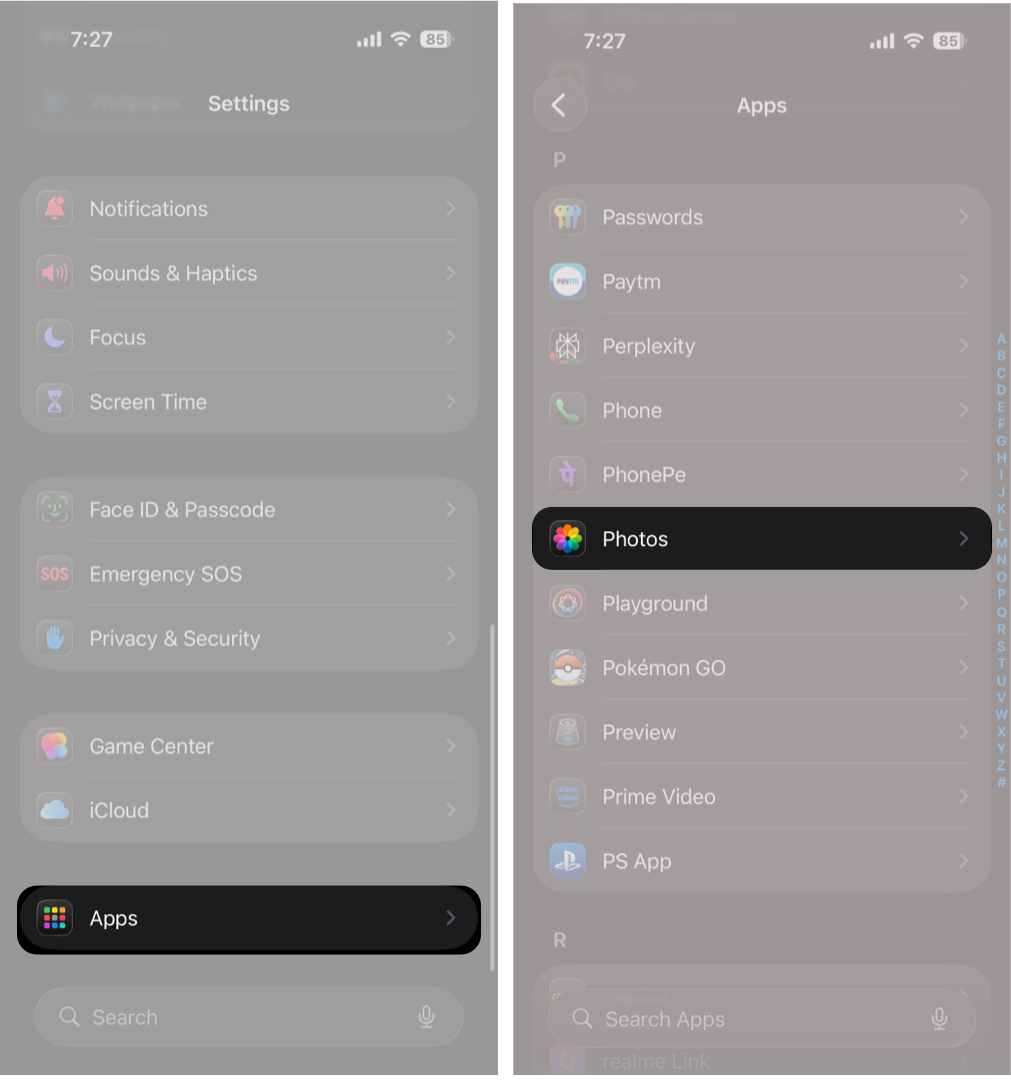 Go to Settings, Select Apps, and Then Tap Photos.