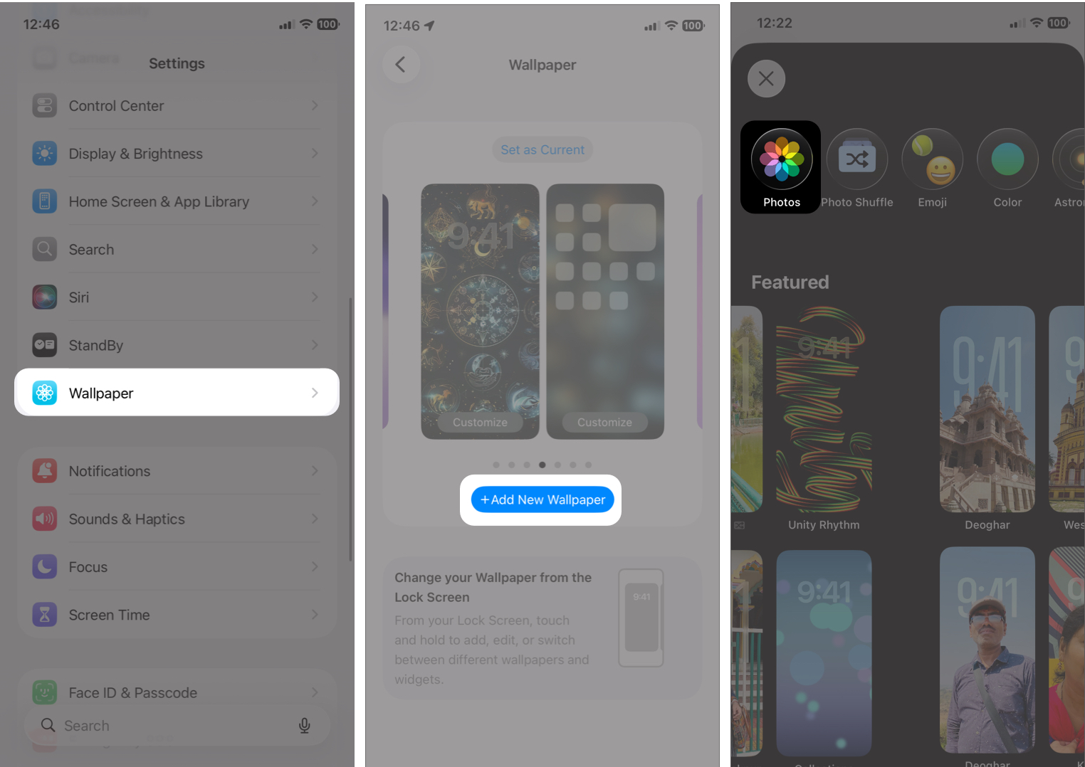 Go to Settings, Tap Wallpaper, and Select Add New Wallpaper.