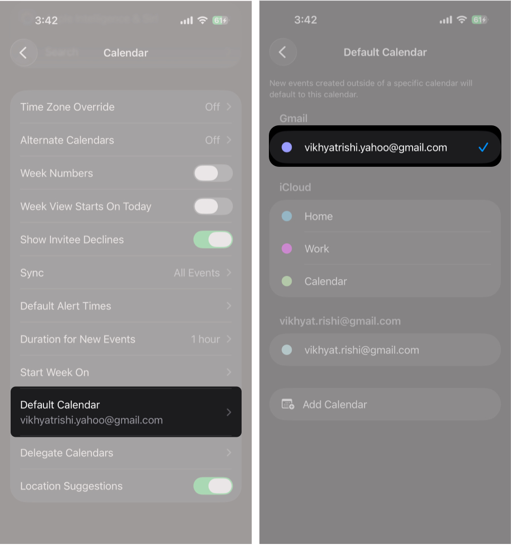 Locate and tap Default Calendar, then choose either Google or Outlook.