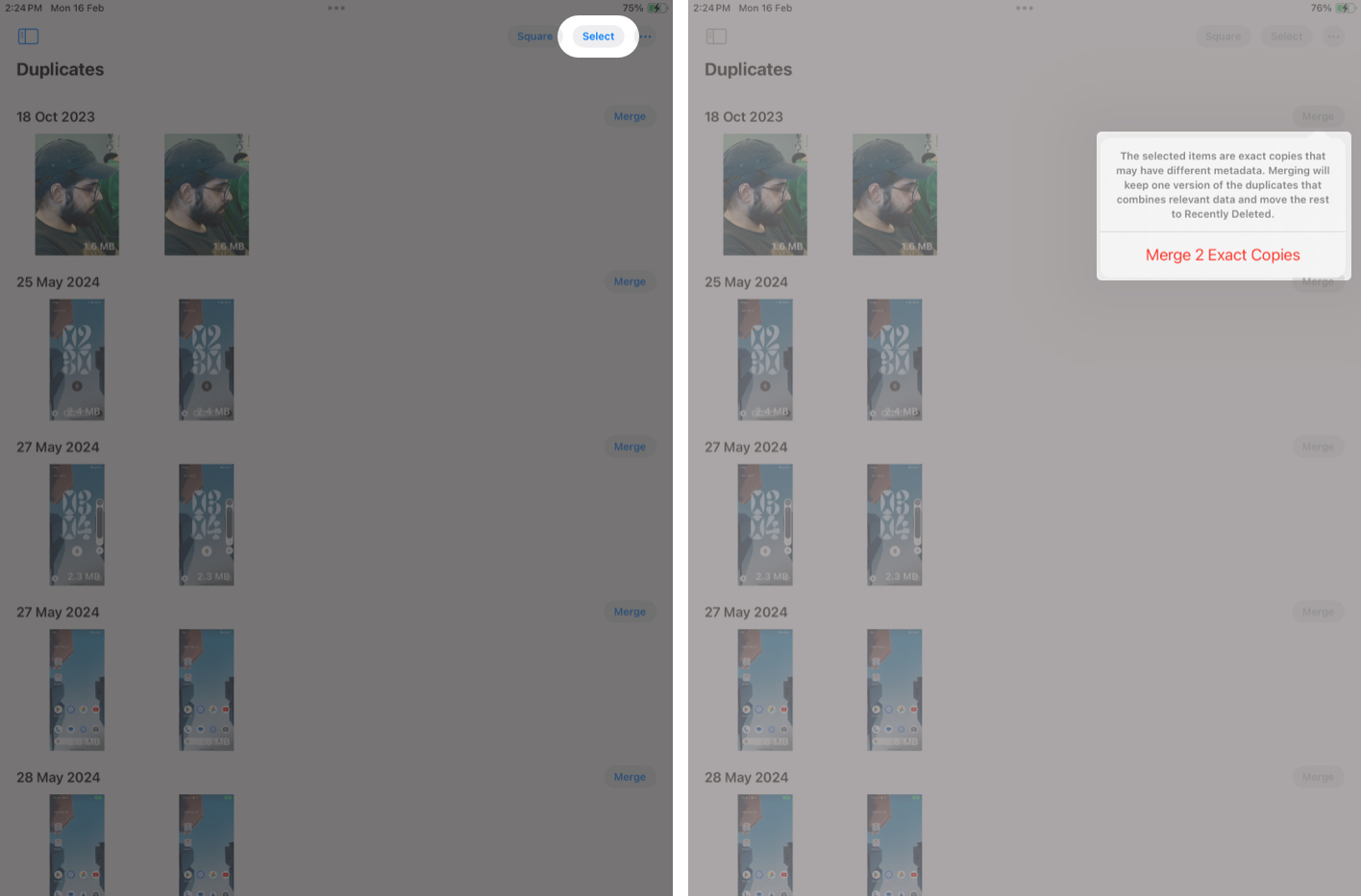 Merging duplicate photos to save storage on an iPad