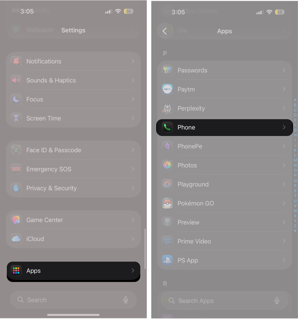 Navigating To Phone Settings Within The Apps Section On an iPhone