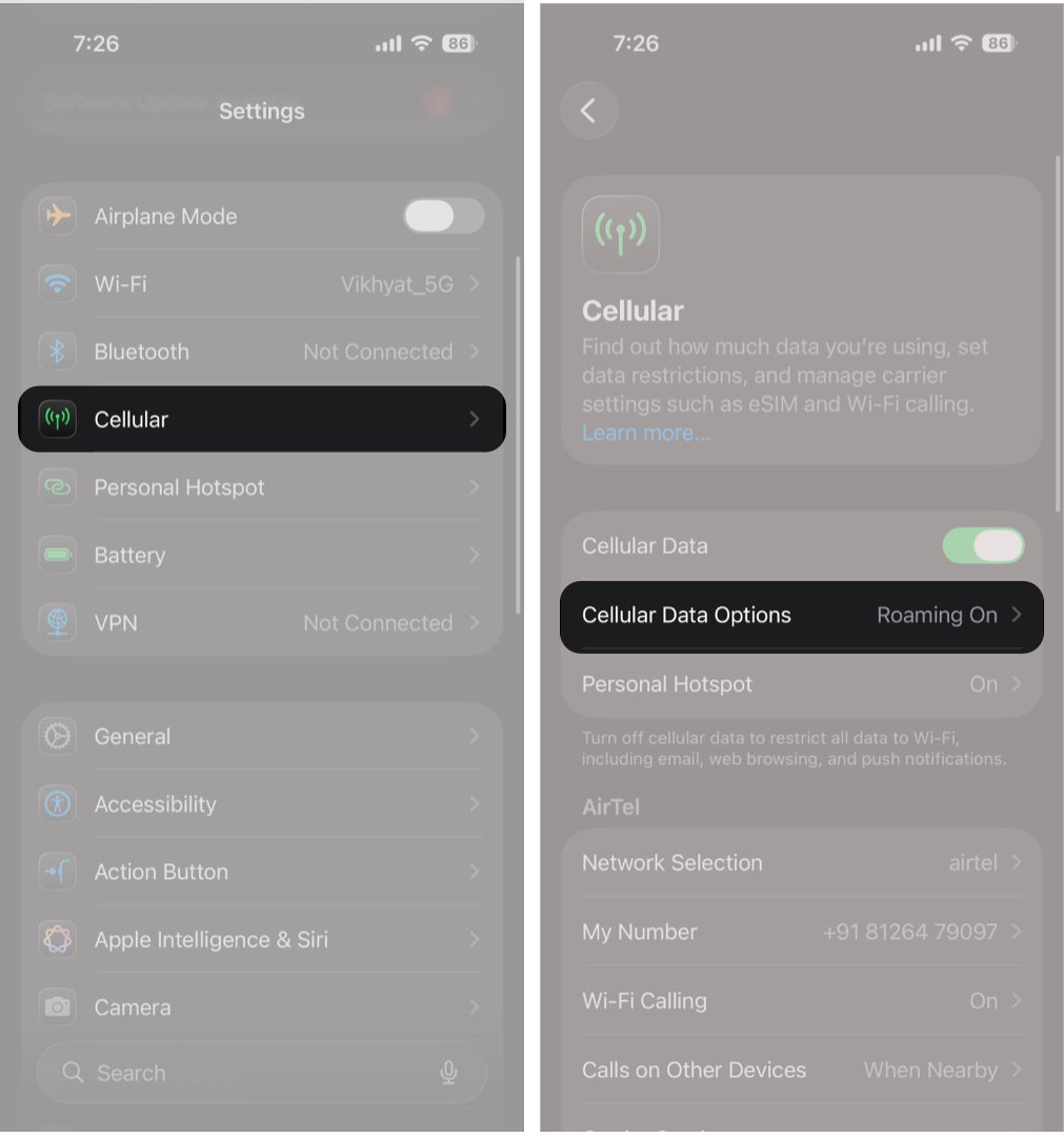Navigating to Cellular Data Options in the iPhone Settings