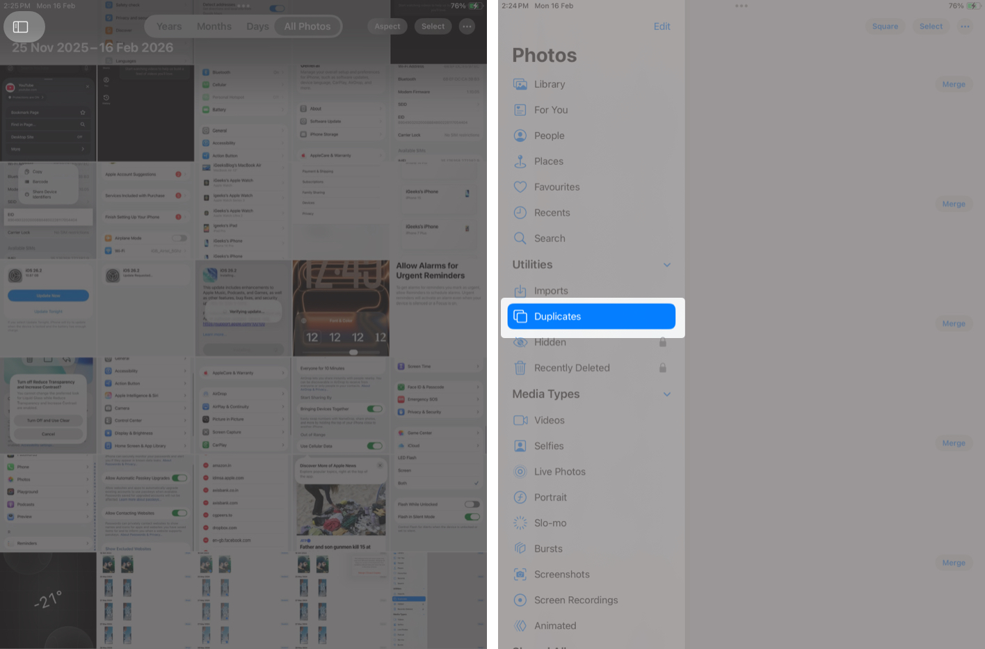 Navigating to the Duplicates folder in The Photos App 0n iPad