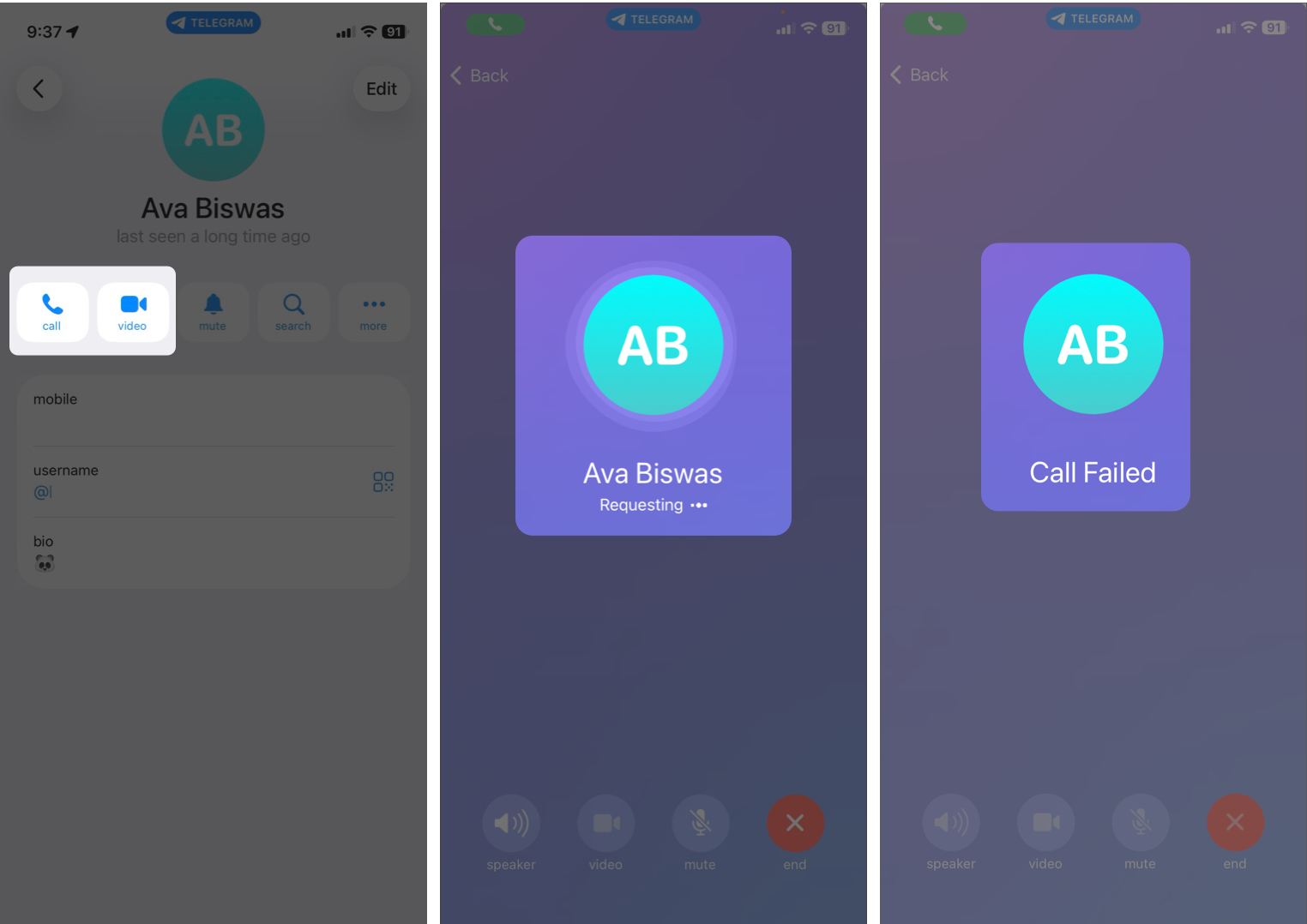 Open the Chat in Telegram, Tap the Contact’s Name at the Top, and Select Call or Video.