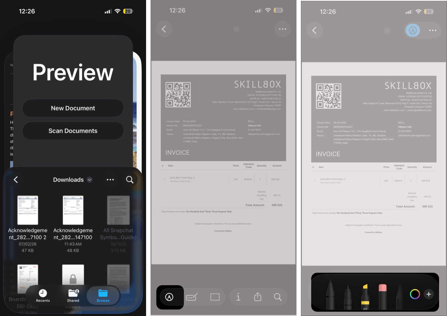 Opening the Markup tools in a PDF on iPhone.